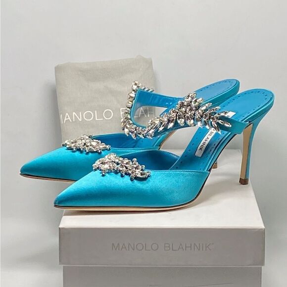 Manolo Blahnik Lurum 90 Embellished Satin Mules size 39.5 - Picture 10 of 12
